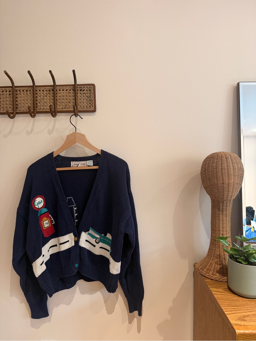 Vintage Sharon Young Navy Graphic Knit Cardigan with Vehicle Embroidery